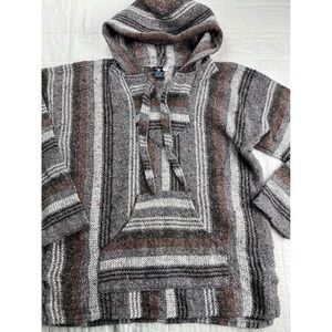 YARINA Baja Hoodie Poncho Striped Eco Yarn Cotton Blend Pullover M